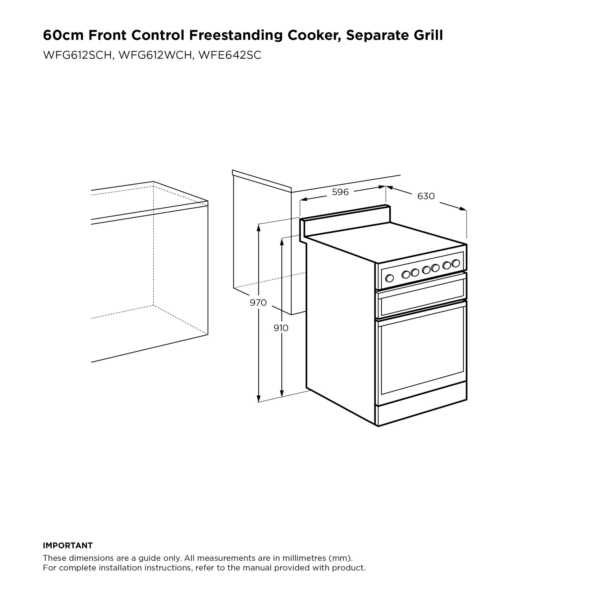 Westinghouse 60cm Freestanding Gas Oven and Gas Cooktop with Separate Grill Stainless Steel WFG612SCH, Dimensions View