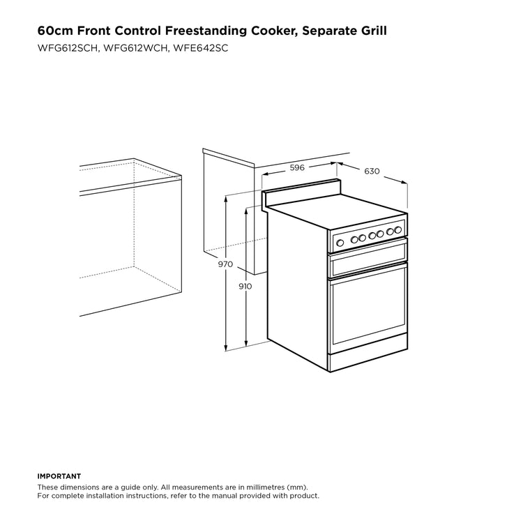 Westinghouse 60cm Freestanding Gas Oven and Gas Cooktop with Separate Grill Stainless Steel WFG612SCH, Dimensions View