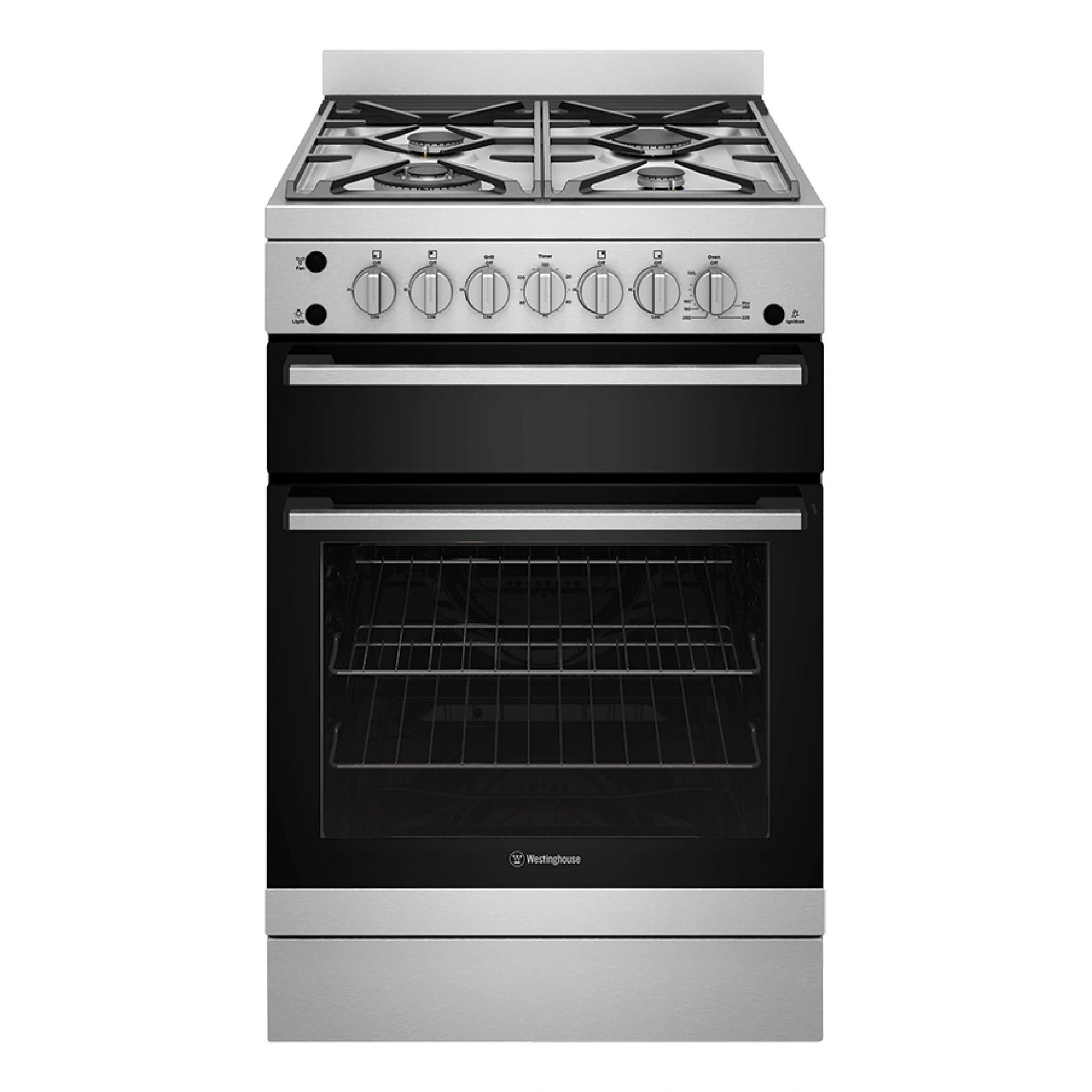 Westinghouse 60cm Freestanding Gas Oven and Gas Cooktop with Separate Grill Stainless Steel WFG612SCH, Front View