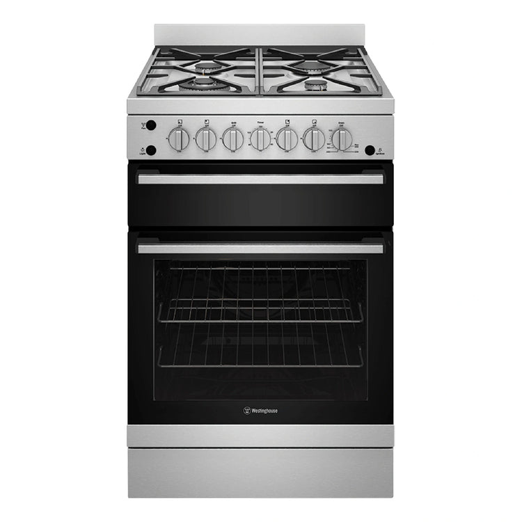 Westinghouse 60cm Freestanding Gas Oven and Gas Cooktop with Separate Grill Stainless Steel WFG612SCH, Front View