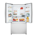 Westinghouse WHE6000SA 605L French Door Fridge Stainless Steel, Front view with top door open, full of food items, and bottles