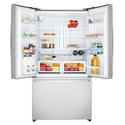 Westinghouse 605L French Door Fridge Stainless Steel WHE6060SA, Front view with top door open, full of food items, and bottles