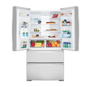 Westinghouse 605L French Door Fridge Stainless Steel WHE6200SA, Front view with top door open, full of food items, and bottles