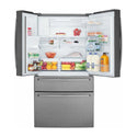 Westinghouse 609L French Door Fridge Dark Steel WHE6874BA, Front view with top door open, full of food items, and bottles
