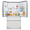 Westinghouse 609L French Door Fridge Stainless Steel WHE6874SA, Front view with top door open, full of food items, and bottles