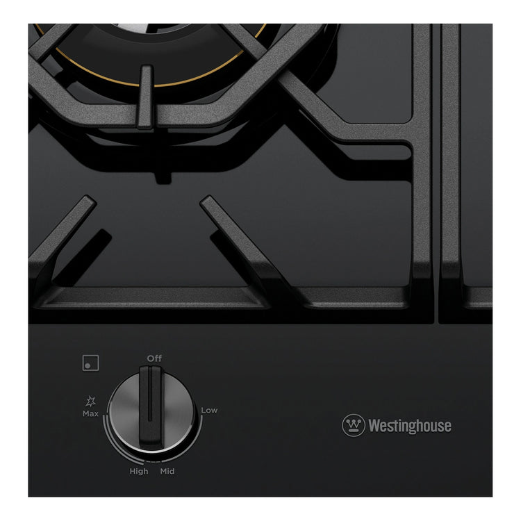 Westinghouse 60cm 3 Burner Ceramic Glass Gas Cooktop Black WHG639BD, Detail View