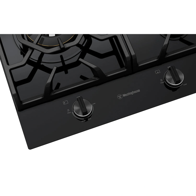 Westinghouse 60cm 3 Burner Ceramic Glass Gas Cooktop Black WHG639BD, Detail View