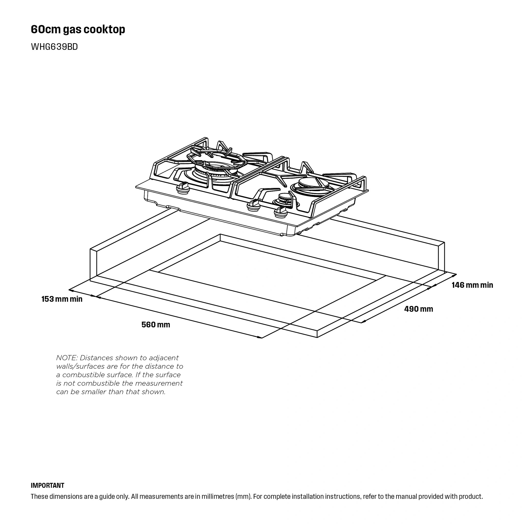 Westinghouse WHG639BD 60cm 3 Burner Ceramic Glass Gas Cooktop Black