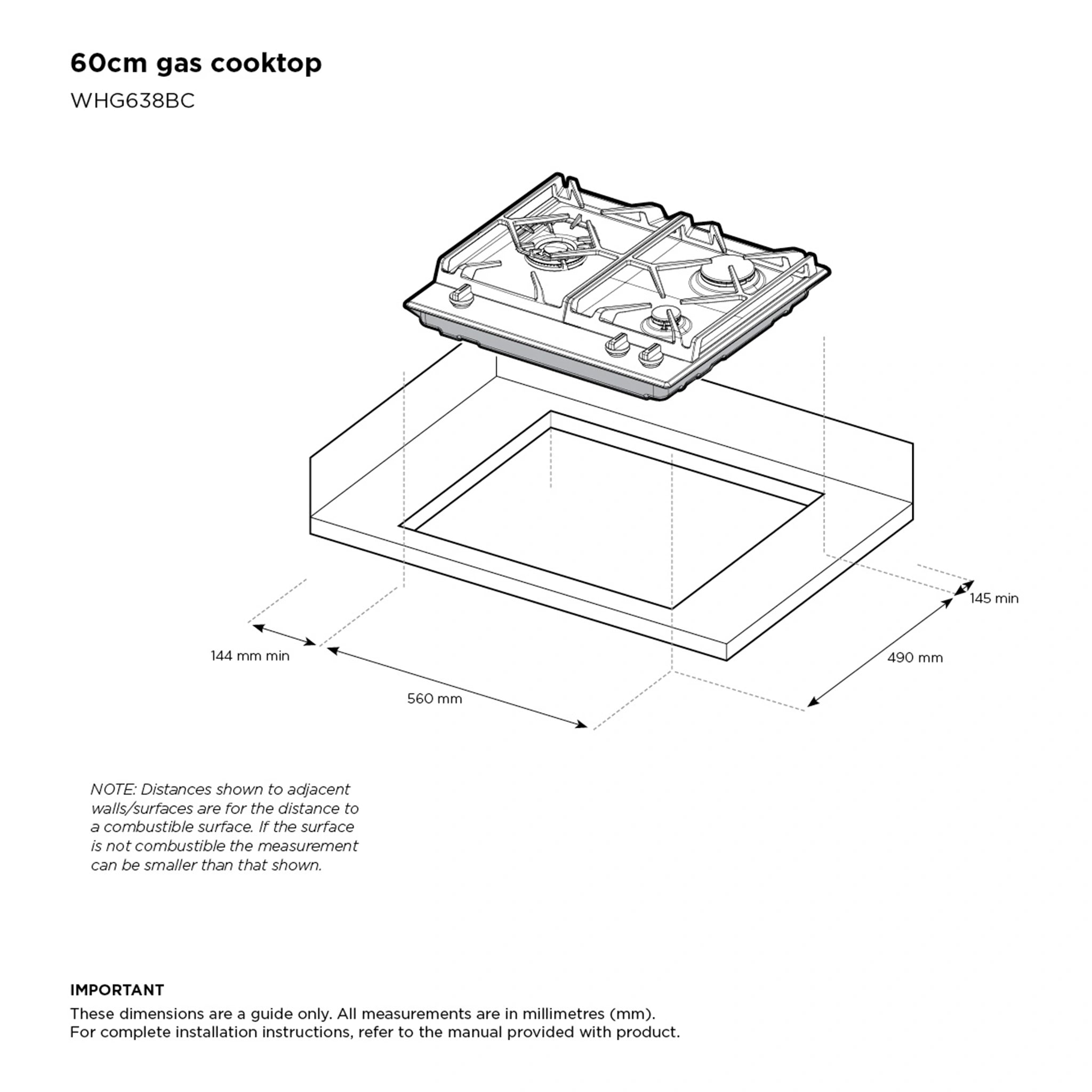 Westinghouse WHG639BD 60cm 3 Burner Ceramic Glass Gas Cooktop Black