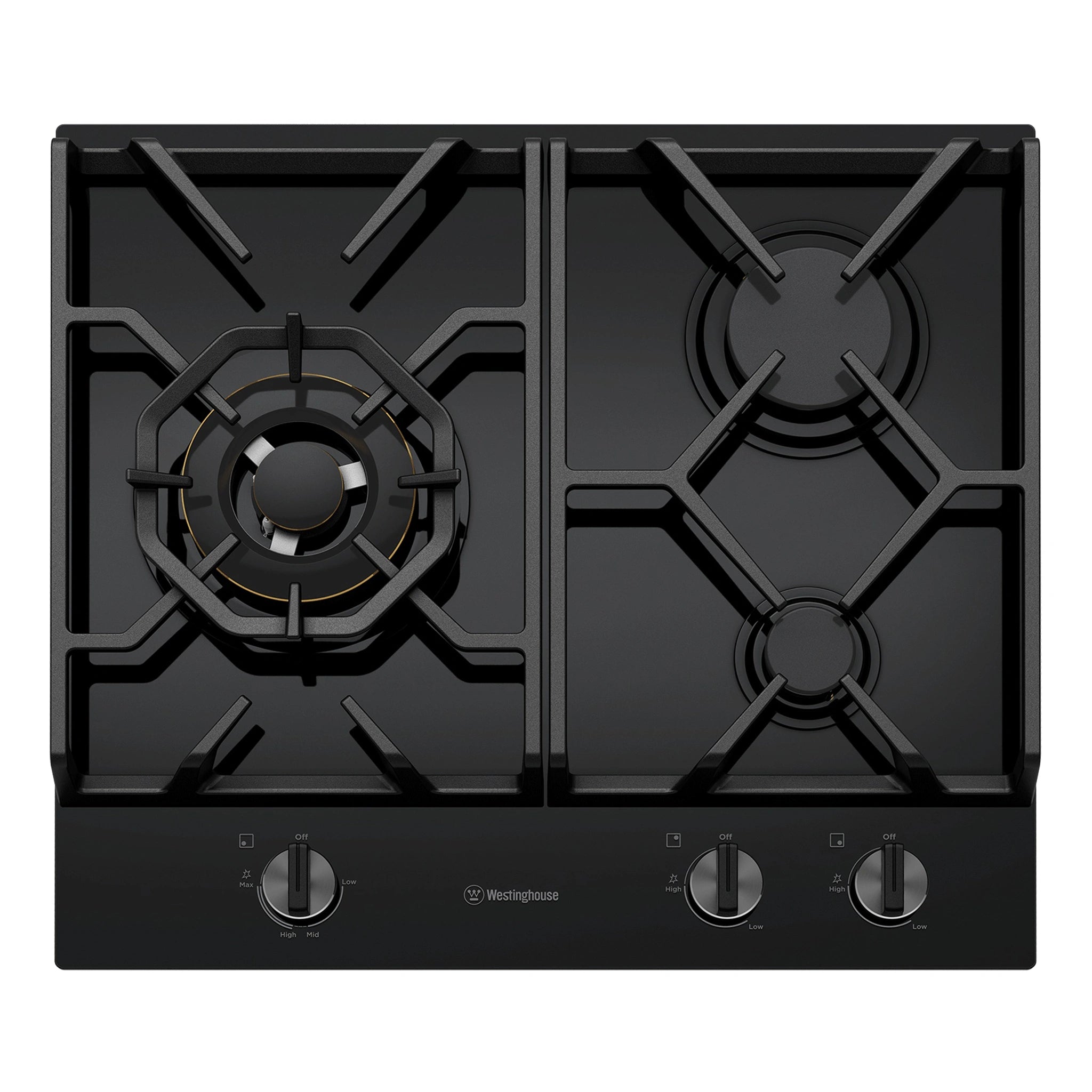 Westinghouse 60cm 3 Burner Ceramic Glass Gas Cooktop Black WHG639BD, Front View