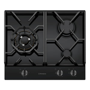 Westinghouse 60cm 3 Burner Ceramic Glass Gas Cooktop Black WHG639BD, Front View
