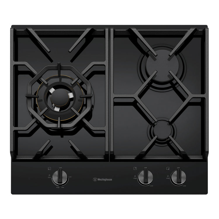 Westinghouse 60cm 3 Burner Ceramic Glass Gas Cooktop Black WHG639BD, Front View