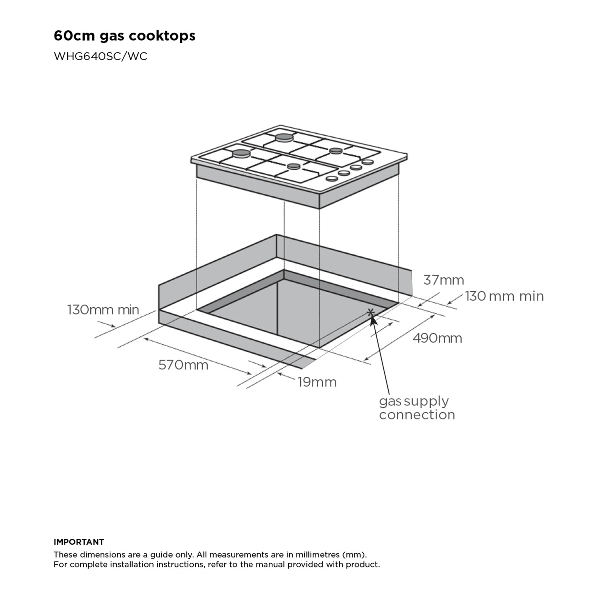 Westinghouse 60cm 4 Burner Stainless Steel Gas Cooktop WHG640SC, Dimensions View