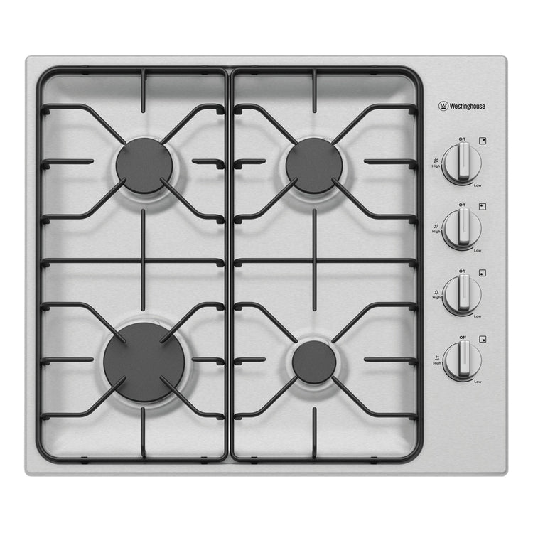 Westinghouse 60cm 4 Burner Stainless Steel Gas Cooktop WHG640SC, Front View