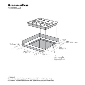 Westinghouse 60cm 4 Enamel Burner Gas Cooktop White WHG640WC, Dimensions View