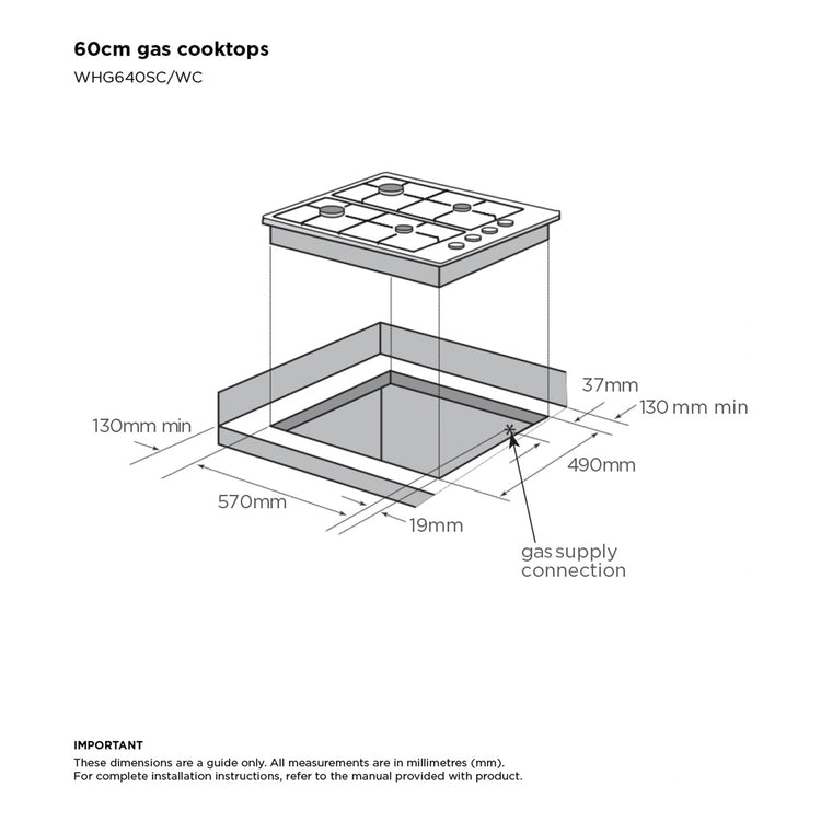 Westinghouse 60cm 4 Enamel Burner Gas Cooktop White WHG640WC, Dimensions View
