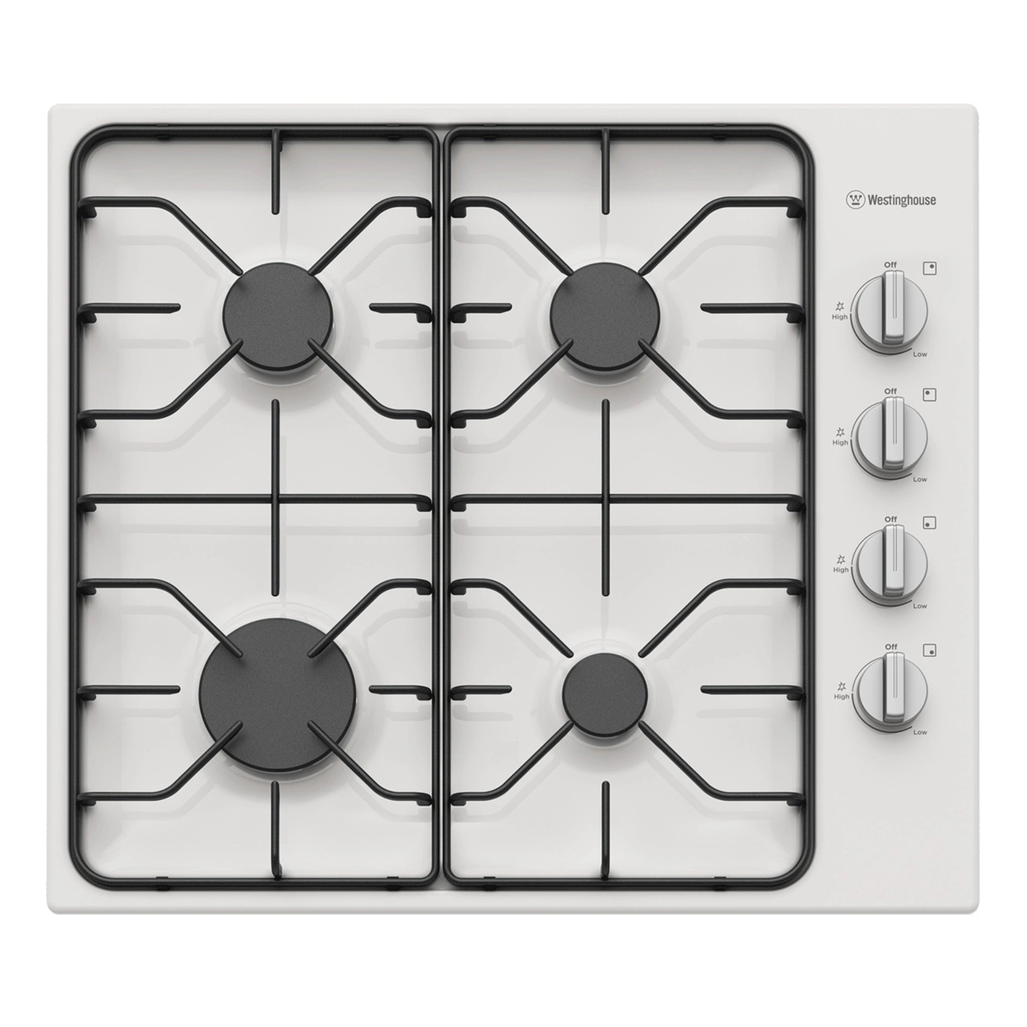 Westinghouse 60cm 4 Enamel Burner Gas Cooktop White WHG640WC, Front View