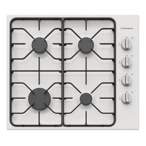 Westinghouse 60cm 4 Enamel Burner Gas Cooktop White WHG640WC, Front View