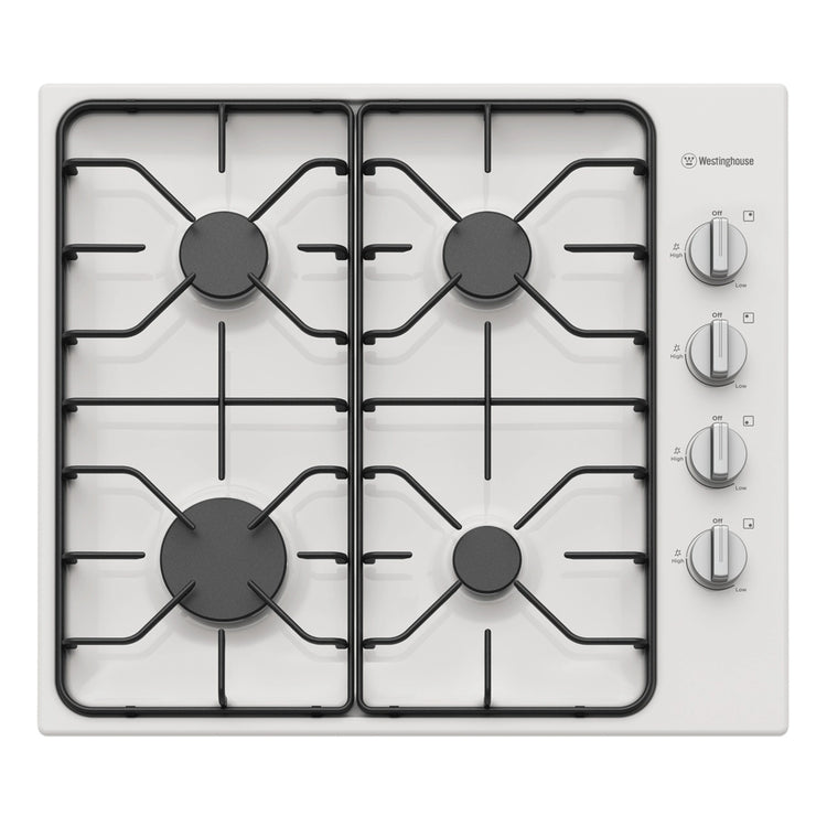 Westinghouse 60cm 4 Enamel Burner Gas Cooktop White WHG640WC, Front View