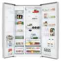 Westinghouse 610L Side By Side Fridge Stainless Steel WSE6170SA, Front view with open doors, full of food items, and bottles