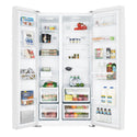Westinghouse WSE6200WA 542L Side By Side Fridge Stainless Steel, Front view with open doors, full of food items, and bottles