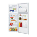 Westinghouse WTB3100WK 312L Top Mount Fridge White, Front view with open doors, full of food items, and bottles