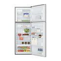 Westinghouse WTB3400AHX 320L Top Mount Fridge White, Front view with open doors, full of food items, and bottles
