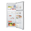 Westinghouse 431L Top Mount Fridge Stainless Steel WTB4600SCR, Front view with open doors, full of food items, and bottles