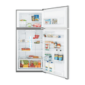 Westinghouse WTB5400SAR 536L Top Mount Fridge Stainless Steel, Front view with open doors, full of food items, and bottles