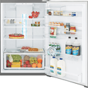 Westinghouse WTB5404SAR 540L  Top Mount Fridge Stainless Steel, Front view with open doors, full of food items, and bottles