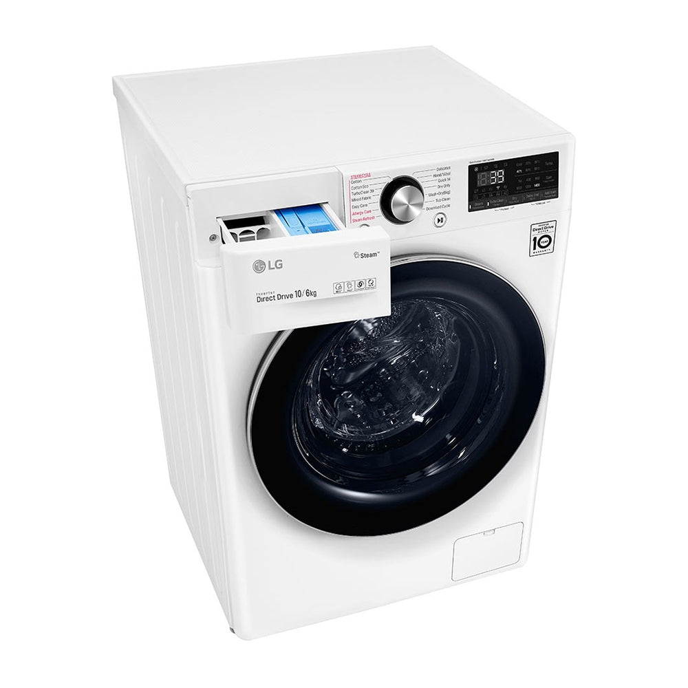 LG 10kg/6kg Series 9 Washer Dryer Combo WVC9-1410W, Front top right view with detergent drawer
