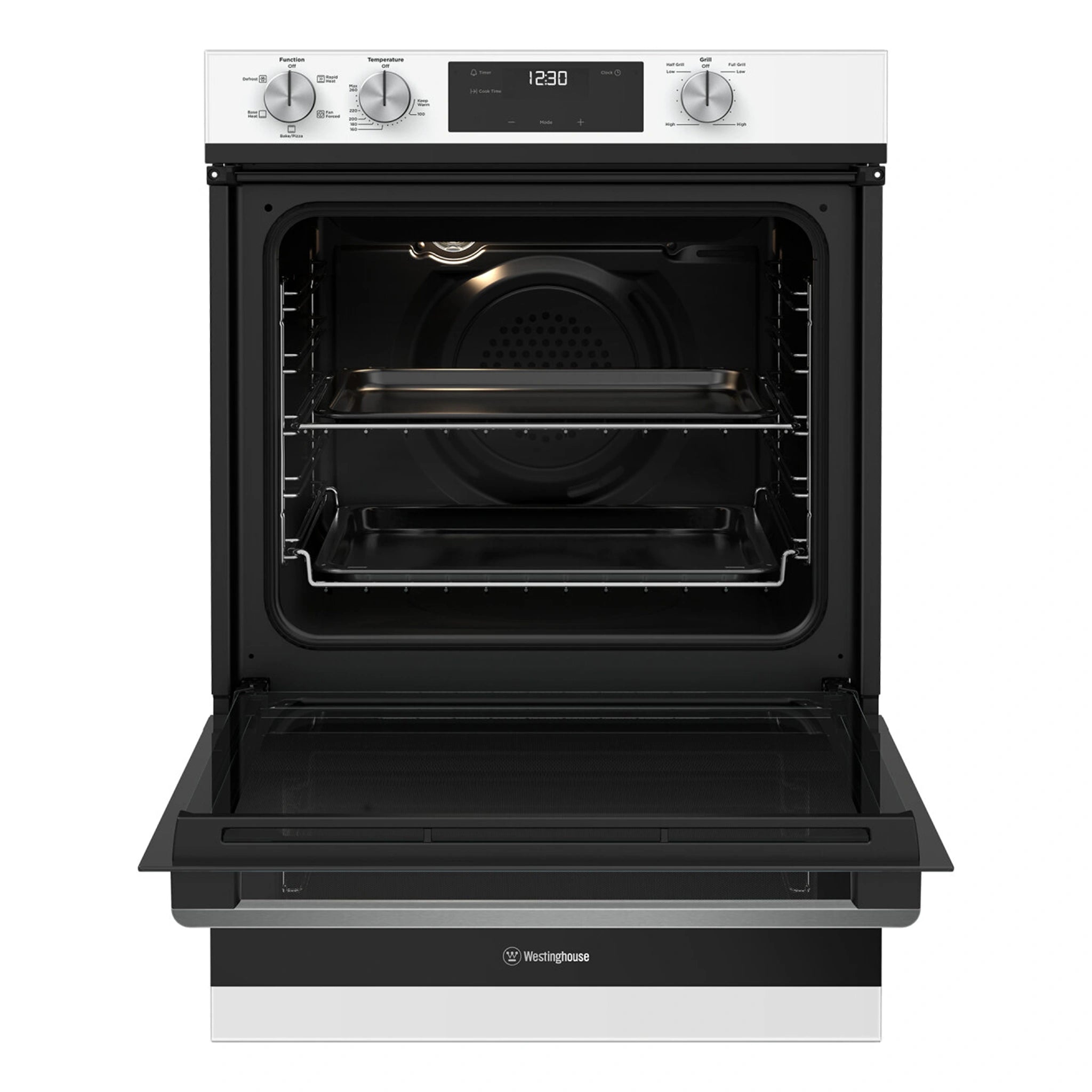 Westinghouse 60cm Multi-Function Oven with Separate Grill White WVE6565WD, Front View Door Open