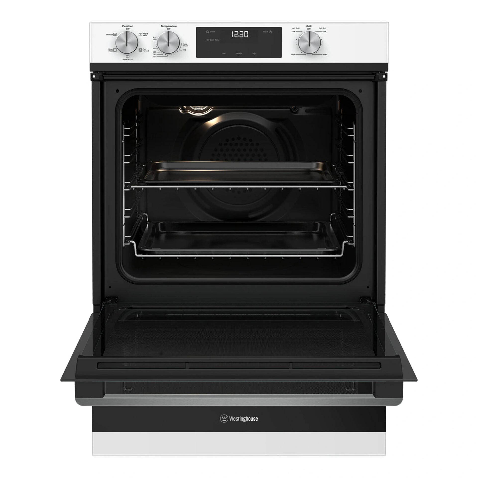 Westinghouse 60cm Multi-Function Oven with Separate Grill White WVE6565WD, Front View Door Open