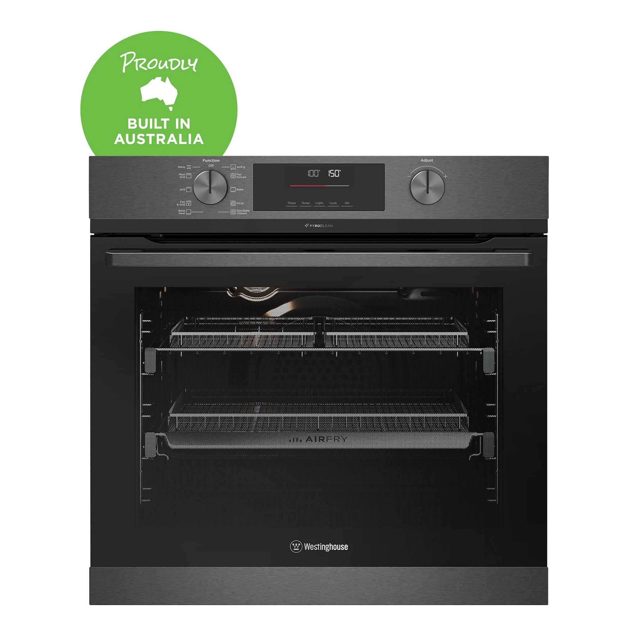 Westinghouse 60cm Multi-Function Pyrolytic Oven with Air Fry and Steam Bake Dark Stainless Steel WVEP6717DD, Front View