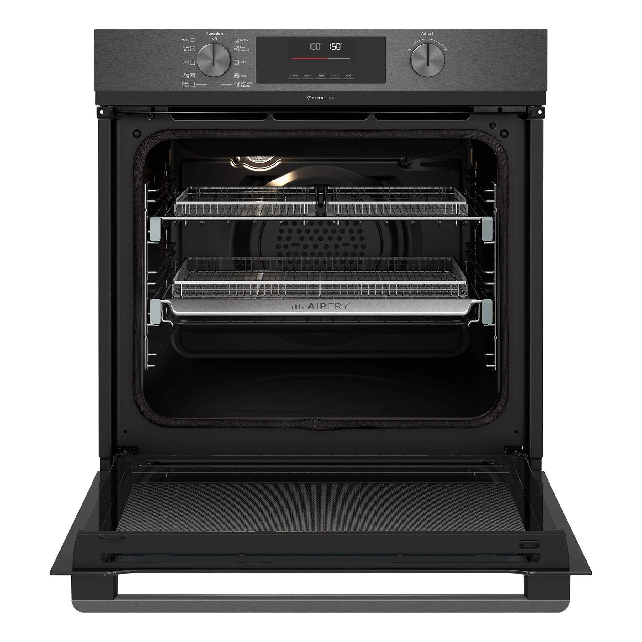 Westinghouse 60cm Multi-Function Pyrolytic Oven with Air Fry and Steam Bake Dark Stainless Steel WVEP6717DD, Front View Door Open