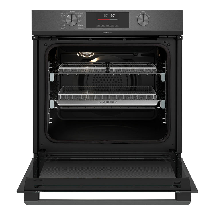 Westinghouse 60cm Multi-Function Pyrolytic Oven with Air Fry and Steam Bake Dark Stainless Steel WVEP6717DD, Front View Door Open