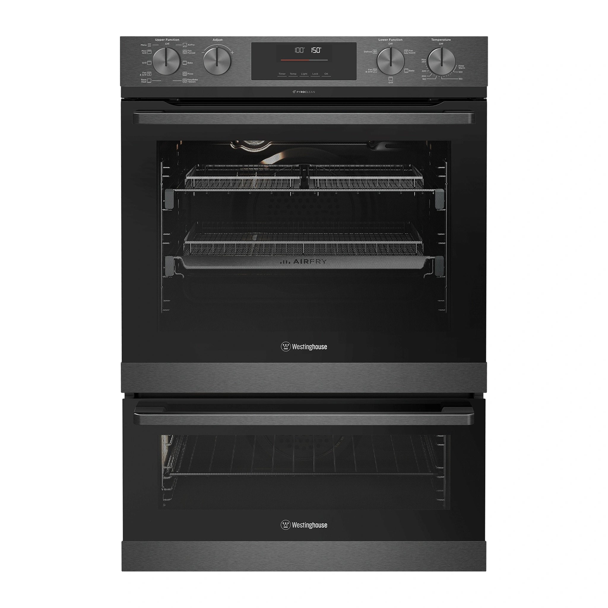 Westinghouse 60cm Multi-Function Pyrolytic Double Oven and Steam Bake Dark Stainless Steel WVEP6727DD, Front View