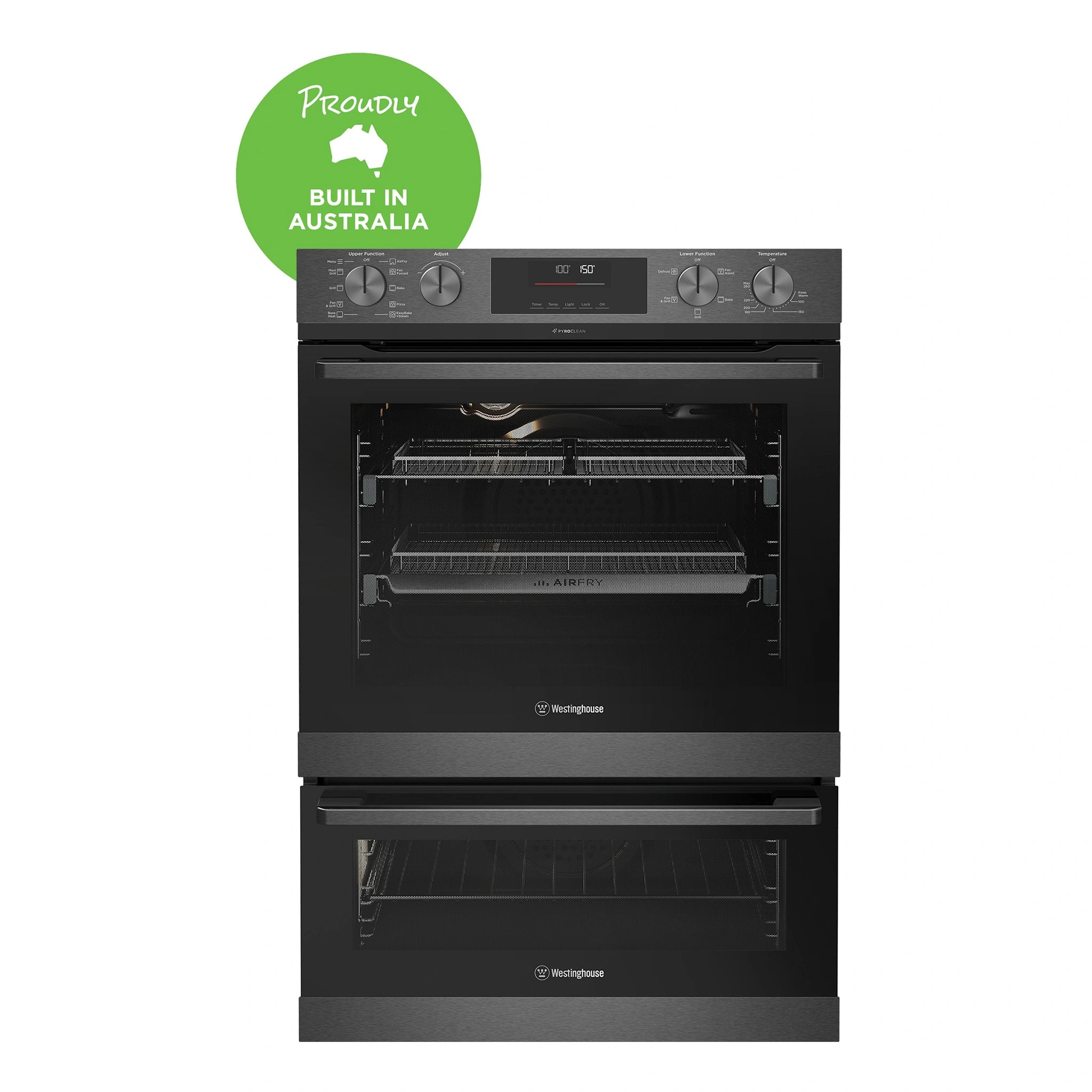 Westinghouse 60cm Multi-Function Pyrolytic Double Oven and Steam Bake Dark Stainless Steel WVEP6727DD, Front View
