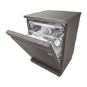 LG XD3A25BS QuadWash 60cm 15 Place Freestanding Dishwasher Black Stainless, Front left view, door half open with cutleries