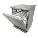 LG XD4B24PS QuadWash 60cm 14 Place Freestanding Dishwasher Platinum Steel, Front left view, door half open with cutleries