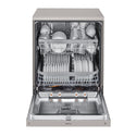 LG XD4B24PS QuadWash 60cm 14 Place Freestanding Dishwasher Platinum Steel, Front view, door open with cutleries