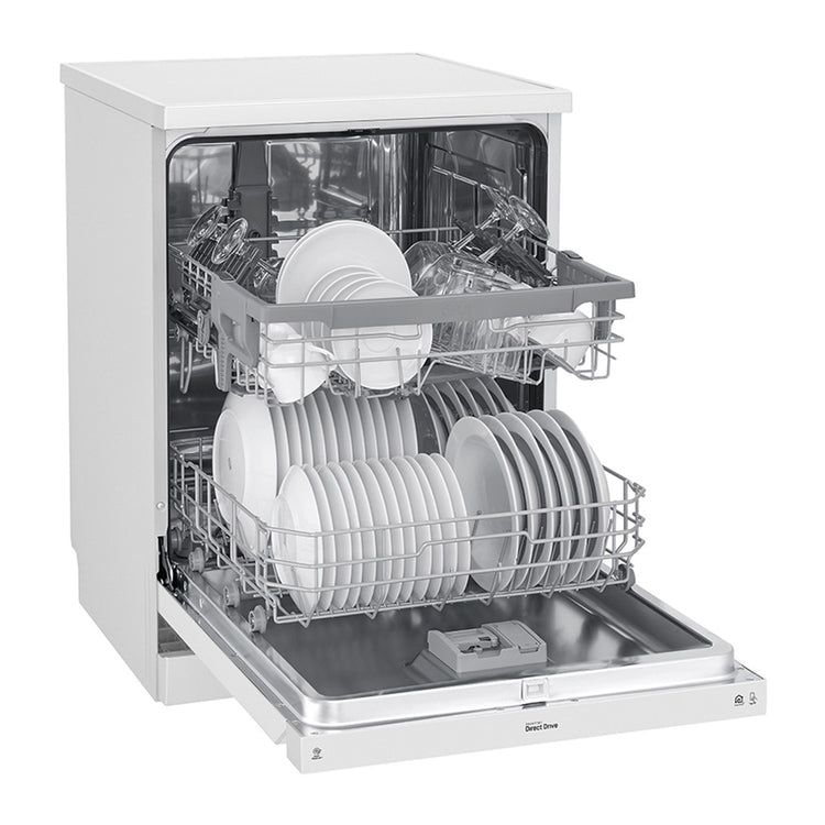 LG XD5B14WH QuadWash 60cm 14 Place Freestanding Dishwasher White, Front right view, door open with cutleries