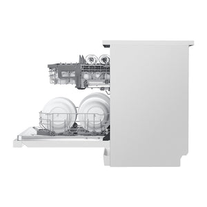 LG XD5B14WH QuadWash 60cm 14 Place Freestanding Dishwasher White, Side view, door open with cutleries