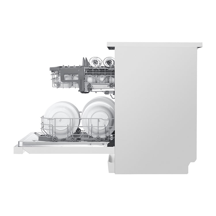 LG XD5B14WH QuadWash 60cm 14 Place Freestanding Dishwasher White, Side view, door open with cutleries