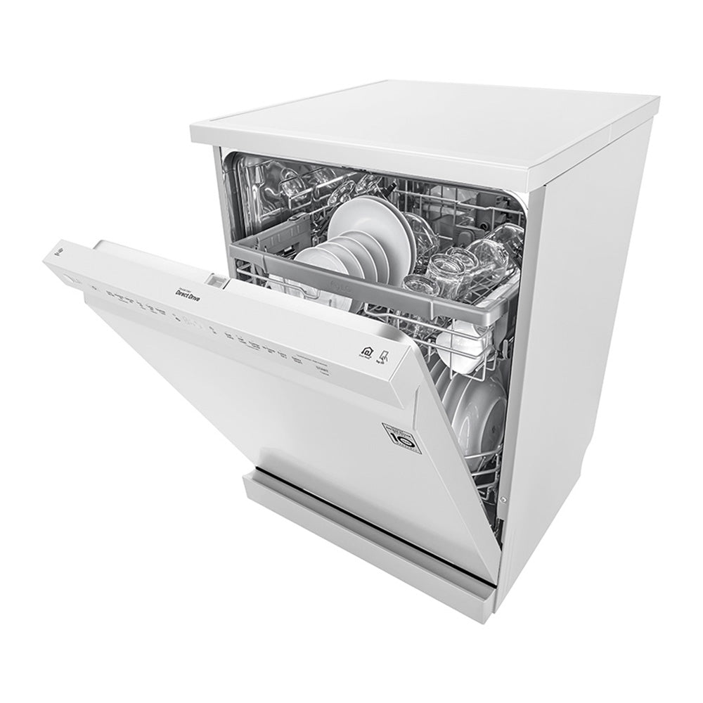 LG XD5B14WH QuadWash 60cm 14 Place Freestanding Dishwasher White, Front left view, door half open with cutleries