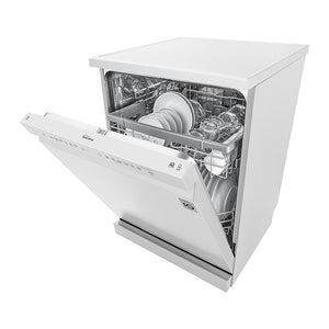 LG XD5B14WH QuadWash 60cm 14 Place Freestanding Dishwasher White, Front left view, door half open with cutleries