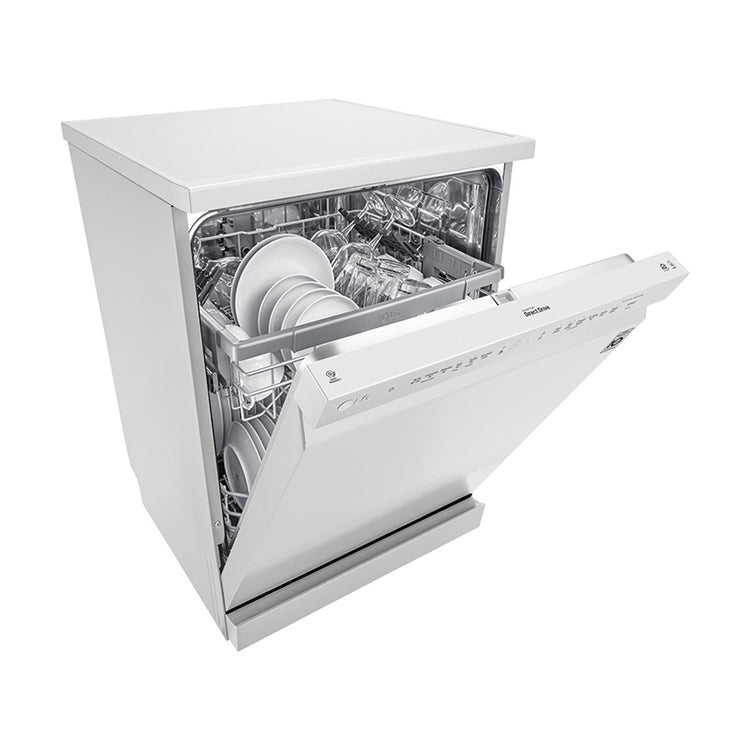LG XD5B14WH QuadWash 60cm 14 Place Freestanding Dishwasher White, Front right view, door half open with cutleries