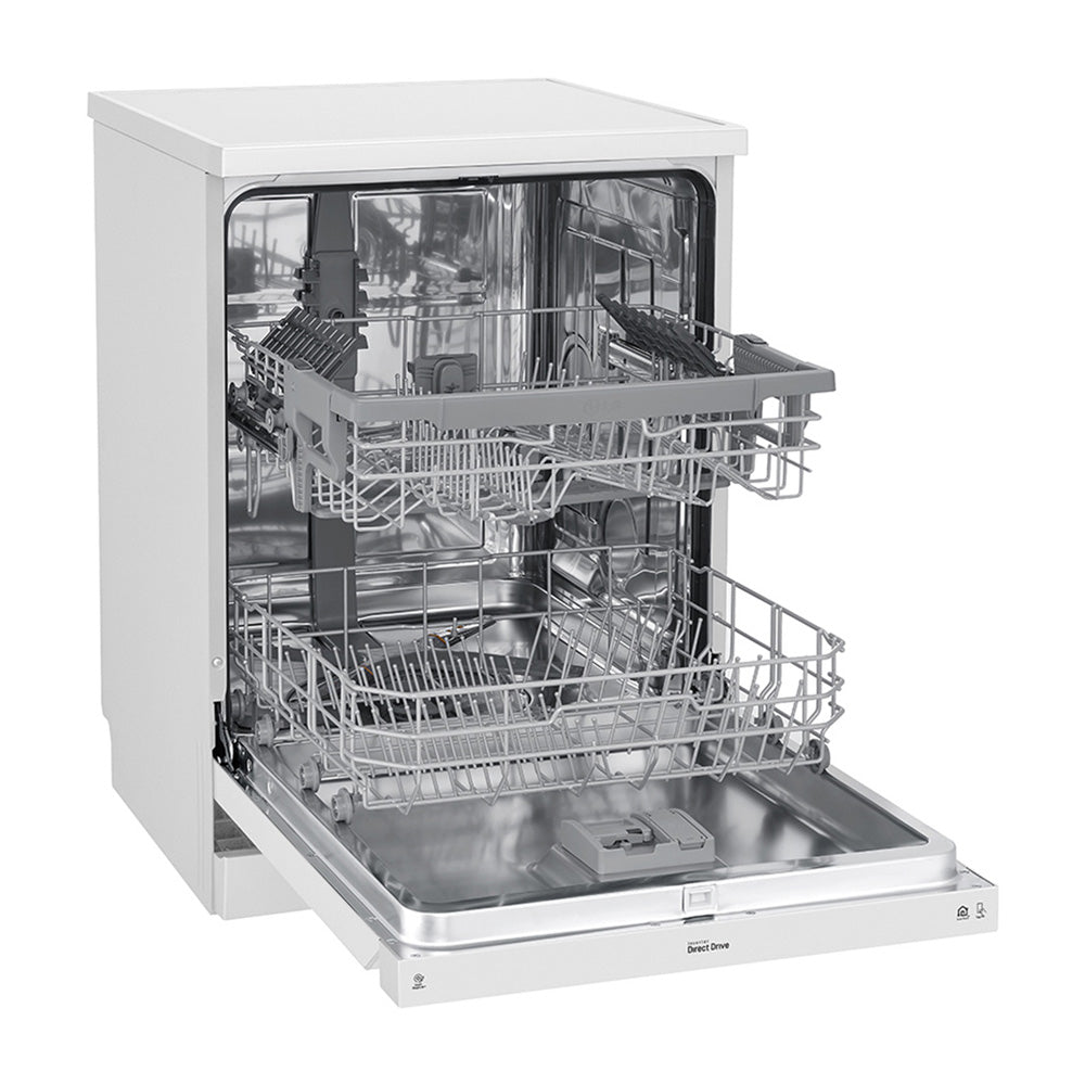 LG XD5B14WH QuadWash 60cm 14 Place Freestanding Dishwasher White, Front right view, door open 