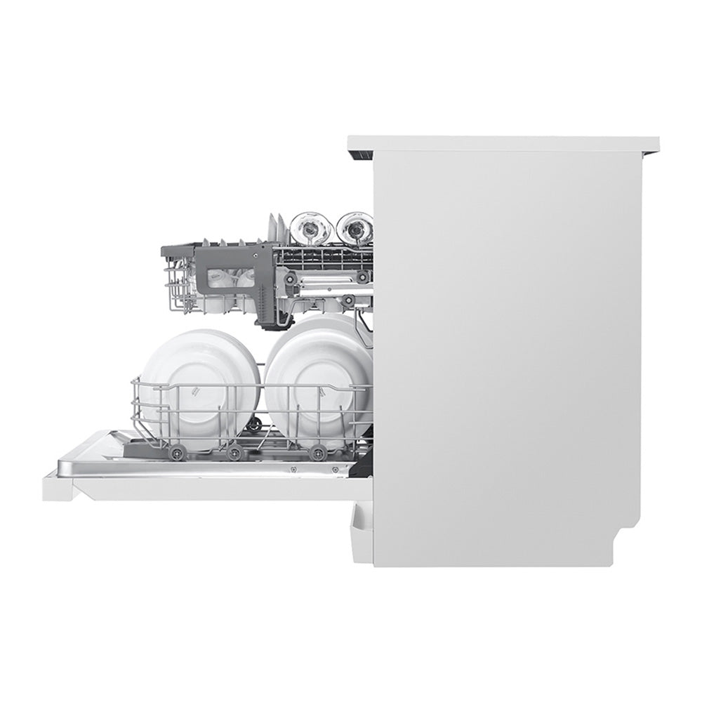 LG XD5B14WH QuadWash 60cm 14 Place Freestanding Dishwasher White, Side view, door open with cutleries