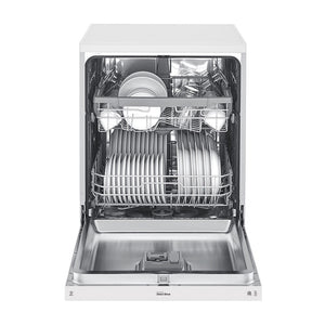 LG XD5B14WH QuadWash 60cm 14 Place Freestanding Dishwasher White, Front view, door open with cutleries
